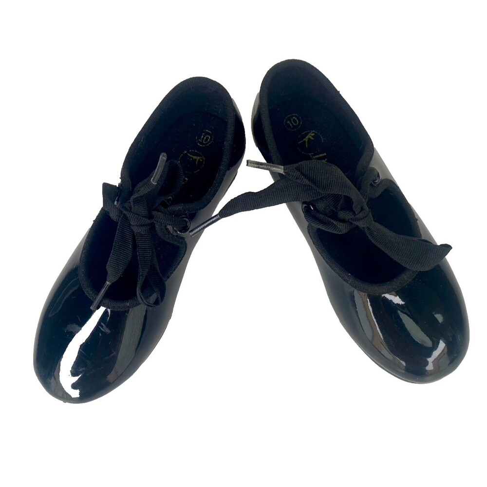 Danskin Freestyle Black Patent Tap Shoes Strap and Bow Tie Close Size 10 Toddler